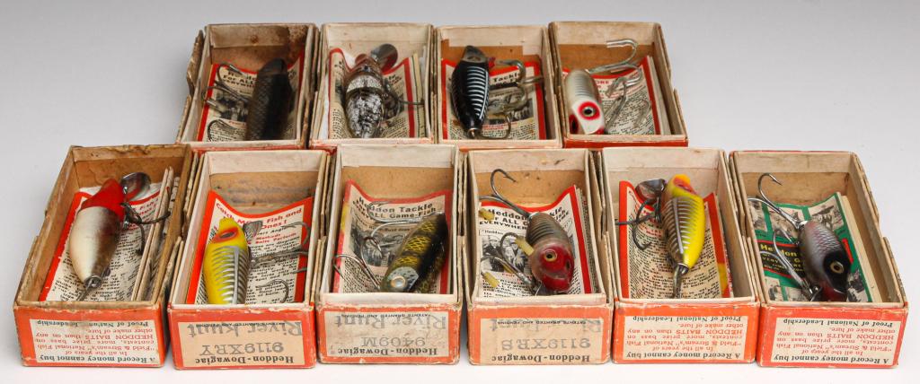 GROUP OF 10 HEDDON RIVER RUNT SPOOK BAIT LURES.: First half, 20th century. Group of ten Heddon River Runt Spook lures. Group includes River Runt Sinkers and River Runt Floaters. All are in original boxes with paper inserts. 3.25" long.