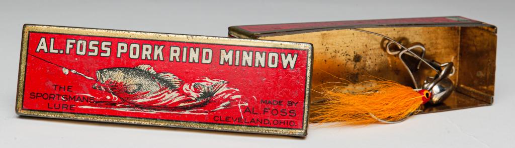 AL. FLOSS PORK RIND MINNOW LURE WITH BOX.: American, 1st half 20th century. Lure is marked. Original tin box has minor wear. Box, 4"l.