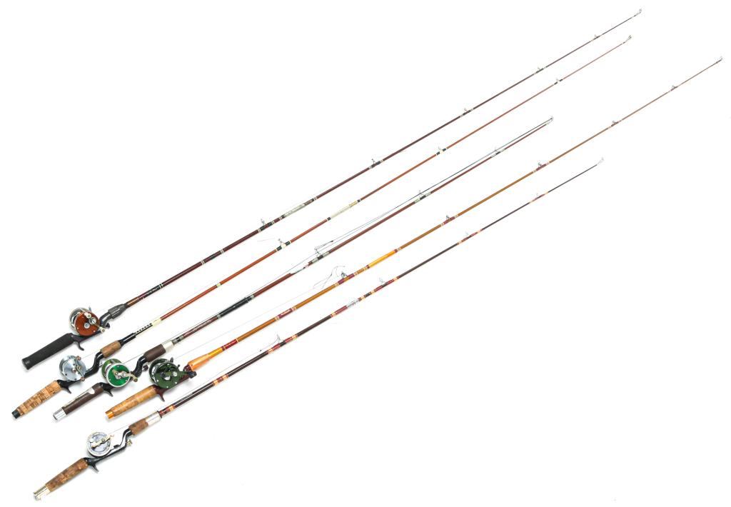 FIVE "HEDDON" FISHING RODS AND BAIT CASTING REELS.: Mid 20th century. Worn label with "Dowagiac" reel, "Pal" rod with "Mark IV" reel, "Pal" rod with "Lone-Eagle" reel, paper label with "Pal" reel and "Pal" rod with "Heritage" reel. Wear from use. 61" t