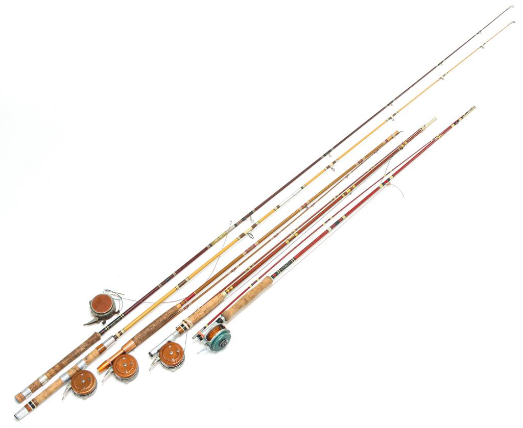 FIVE "HEDDON" FISHING RODS AND AUTOMATIC REELS.: Mid 20th century. "Pal" rods, three with paper labels, two with script labels. Four "Automatic Free Stripping" reels, and one "Model 5". Some wear from use. Average 83"l.