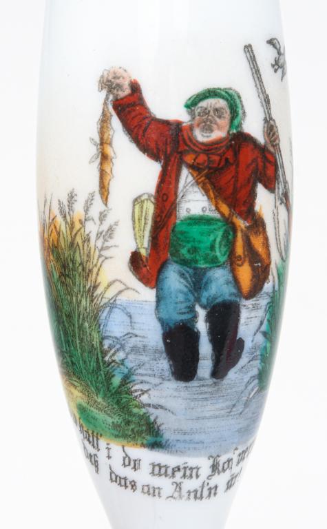 GERMAN OCCUPATIONAL PIPE BOWL.: Late 19th-early 20th century. Hand painted porcelain over transfer of a duck hunter who has bagged a bat. 5"l.