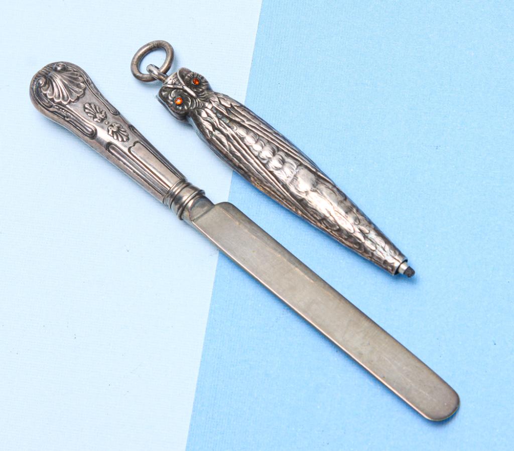 TWO VINTAGE PROPELLING PENCILS - OWL AND KNIFE.: English. Victorian novelty silver telescopic propelling pencil, made in the form of a dessert knife, shell pattern handle, S Mordan & Co, ca. 1880, 4.25" closed, 5.5" open. Sterling propelling pencil 