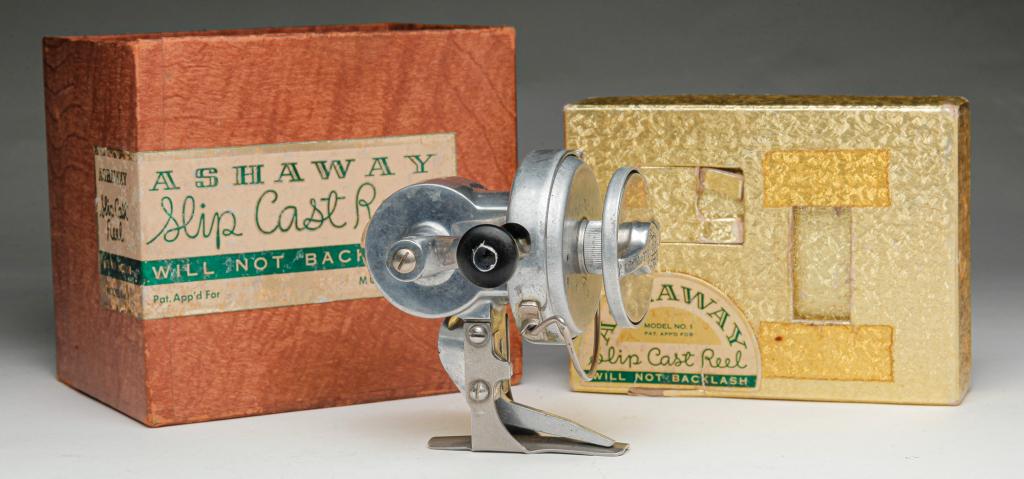"ASHWAY" SPIN CAST REEL WITH BOX.: Ca. 1940s, aluminum. "Ashway Slip Cast Reel" made by Ohio Tool, Cleveland, Ohio. With original box marked "Model No. 1".