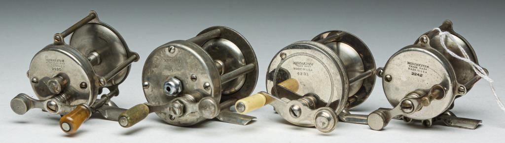FOUR AMERICAN "WINCHESTER" FISHING REELS.: Second quarter 20th century. All marked. Model numbers 4231, 2280, 4253 and 2242 (missing handle). Some varying wear.