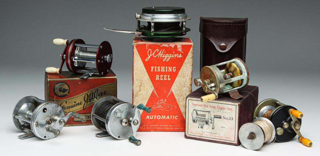 SIX AMERICAN FISHING REELS INCLUDING HORTON.: Mid 20th century. Two "J.A. Coxe, Bronson Reel Co." Model 25 with wooden center spool in leather case and Model 30-C in original box with booklet, and three "JC Higgins". Model 3157 automatic with ori