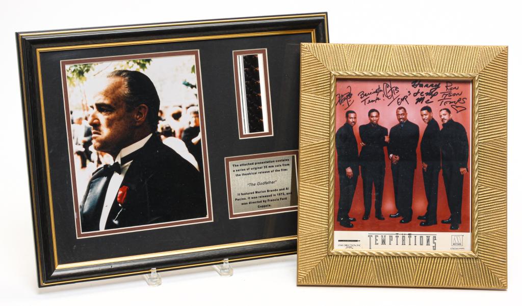 FRAMED GODFATHER AND TEMPTATIONS MEMORABILIA.: Second half 20th century. A series of cells from the "Godfather" released in 1972. Framed 14"h. 18"w. And a framed photo of the Temptations, 13.75"h. 11.75"w.