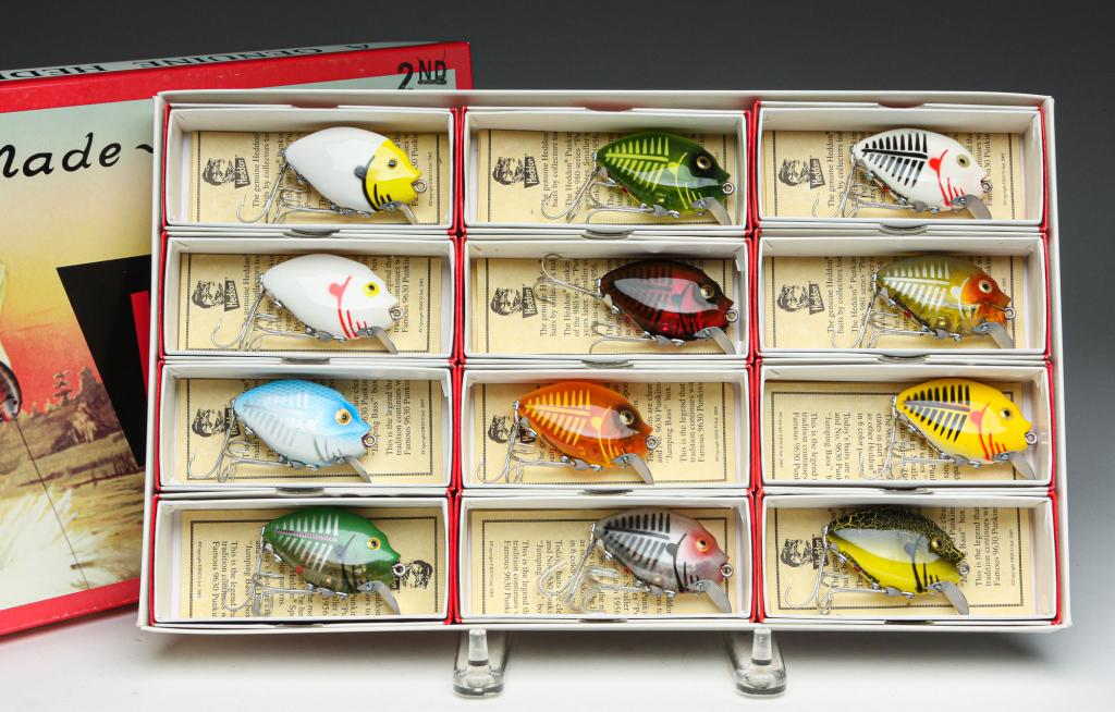 LIMITED RUN OF 12 HEDDON PUNKINSEED 9630 LURES.: Group of twelve Heddon Punkinseed 9630 2nd lures in limited production jumping bass box. All have original boxes with paper inserts.