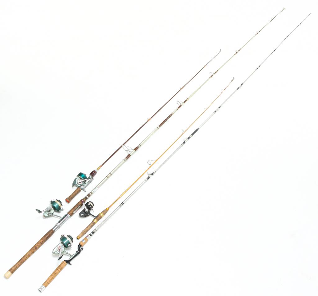 FOUR "HEDDON" FISHING RODS AND SPIN CAST REELS.: Mid 20th century. "Pal" rod with "Convertible 180" reel and script labeled rod "Pal Mark III" with unmarked "DAM Quick 110" reel. Both rods average 61"l. Together with paper label rod and ""High Speed
