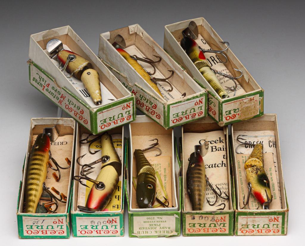 EIGHT CREEK CHUB BAIT LURES INCLUDING PIKIES: Group of eight Creek Chub Bait Co. lures. Includes Pikies, Pikie Minnows, and Jointed Pikies. All are in original boxes and all have paper inserts.