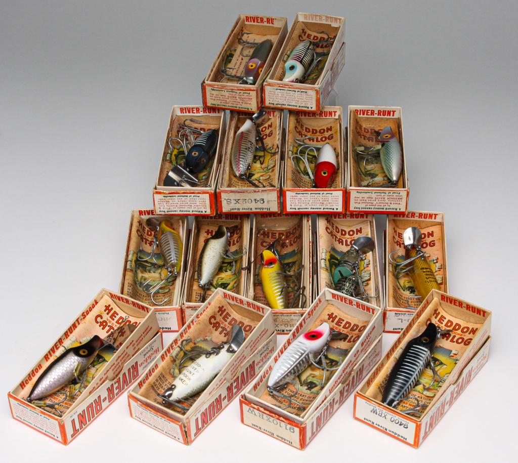 FIFTEEN HEDDON RIVER RUNT SPOOK FISHING LURES.: Group of fifteen Heddon River-Runt spook fishing lures. Includes floaters, sinkers, go-deeper, and jointed lures. All are in original boxes, most with paper inserts.
