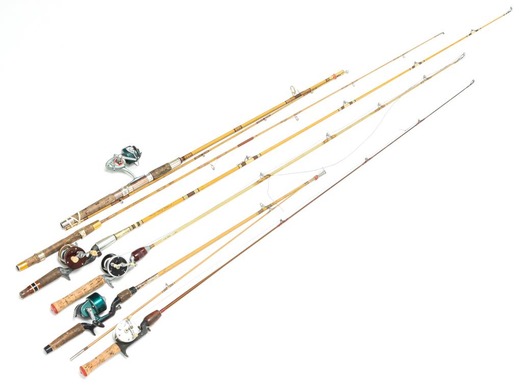 SIX "HEDDON" FISHING POLES.: Mid 20th century. Five have reels. Script "Pal" rod with unmarked spin cast reel, worn paper label with Model 120 spin cast reel, script "Pal" with "Heritage" bait cast reel, script "pal" with matchin