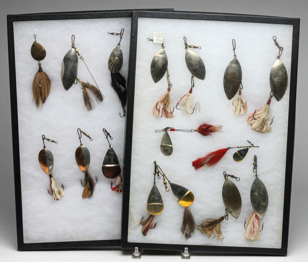 SEVENTEEN SPINNER SPOON FISHING LURES.: Group of seventeen spinner spoon fishing lures. Several makers including Pflueger, A.B. Hendryx Co., Hildebrandt, 4 Bros., Old Reliable, G.M. Skinner, and W.T.J. Lowe. Includes two glass top display c