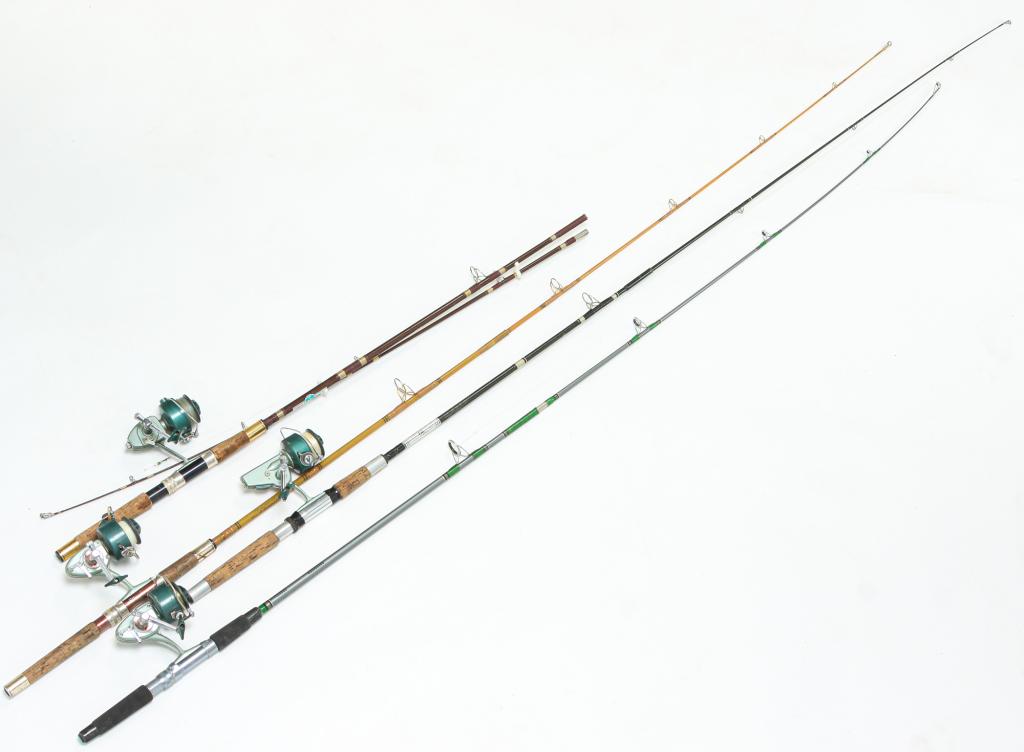 FOUR "HEDDON" FISHING RODS AND SPIN CAST REELS.: Mid 20th century. Two rods have paper labels (one "Pal" is worn) and marked reels including Model 230 and one has a decal label with Model 248 reel. Together with a script labeled rod "Mark Golden 50"