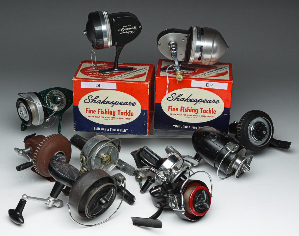 TEN SPIN CASTING REELS INCLUDING HARDY BROS.: Mid 20th century. Two have boxes, Shakespeare "Wondereel" with booklet and "Wonder Spin" with extra parts. Together with "Hardy Bros. Altex", "JC HIggins", "St. Croix 1610", "Sears", "Airex Beachcombe