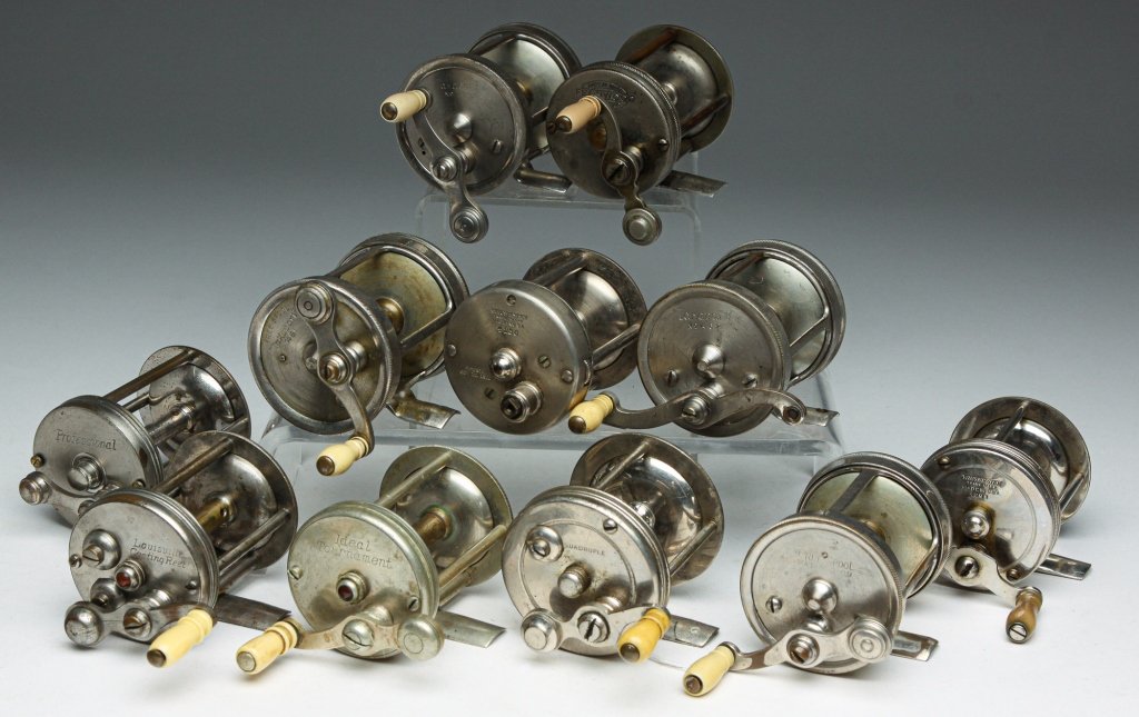 ELEVEN AMERICAN FISHING REELS.: First half 20th century. Two Winchester (4291 and 4256), four Meisselbach "Take a Part", American Swiss "Fernwood" and "Louisville Casting Reel". Together with "Ideal Tournament", "Quadruple" and "Pro