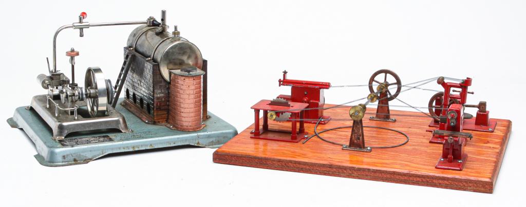 AMERICAN JENSEN MFG. CO. STEAM ENGINE.: Mid 20th century. Solid fuel fired boiler, reversible engine and fire belt-driven machine tools. Boiler missing smoke stack and some wear from heat. 7.5"h. 11"w. 10"d. And tool section, 11.5"w. 13.75"