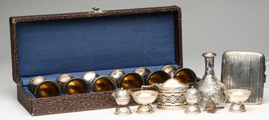 SMALL GROUP OF STERLING.: Twentieth century. Boxed set of six Hirsch cordials, overlay perfume (missing stopper) with funnel, Taxco salts and peppers and Birmingham mustard case.