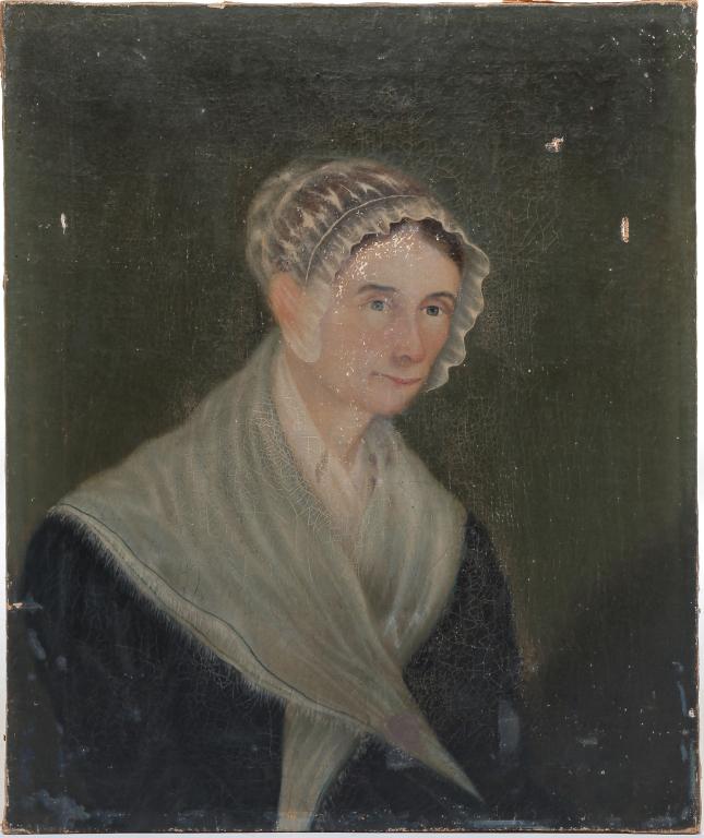 POTRAIT OF A YOUNG WOMAN.: American school, 1st half 19th century. Oil on canvas, unsigned. Woman wearing a cap and shawl. Wear, some inpainting, small holes. Unframed, 30"h. 25"w.