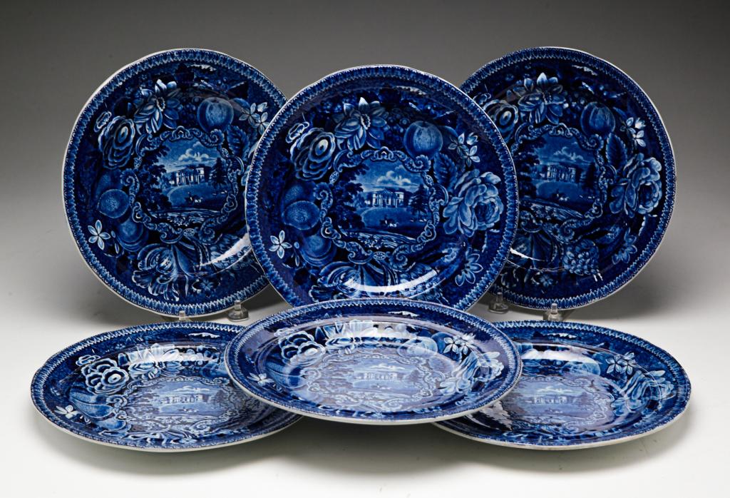 SIX ENGLISH HALL'S SELECT VIEWS PLATES.: Second quarter 19th century, earthenware. Historical blue transfer of Pains Hill, Surrey. Overall good condition with some knife scratches. 10"d.