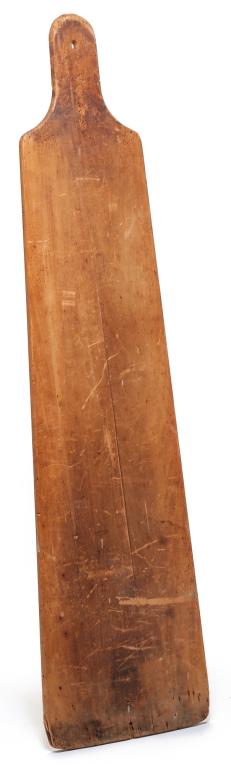 AMERICAN COUNTRY IRONING BOARD.: Second half 19th century, pine. Elongated paddle shape, two boards. Age splits and nail holes from old coverings. 60"l. 15"w.