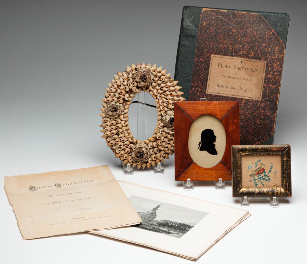 THREE FRAMED ITEMS AND ENGRAVING FOLIO.: Nineteenth century. Watercolor bird signed "Miss Lucy Wheeler". Worn gilt frame, 3.5"h. 4"w., reverse painted silhouette on glass. Spray painted repair. Framed, 5.75"h. 4.5"w., and a seashell art oval