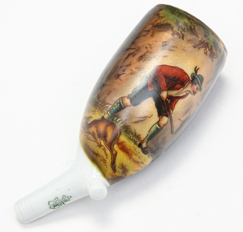 GERMAN OCCUPATIONAL PIPE BOWL.: Late 19th-early 20th century. Nicely hand painted porcelain over transfer scene of a poacher "Der Wilderer". 3.5"l.