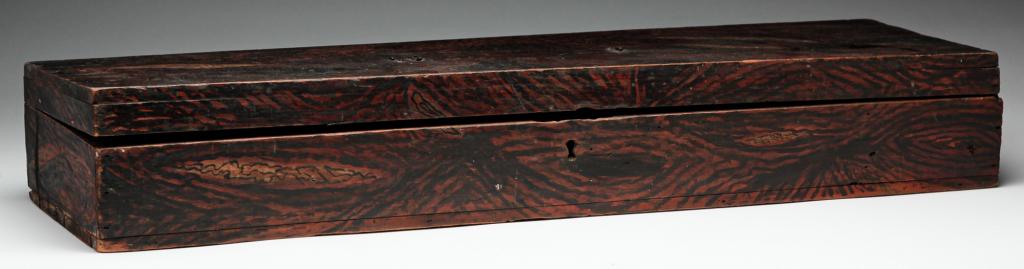 MASSACHUSETTS DECORATED FIDDLE BOX.: Second half 19th century, pine. Original grain paint. Interior has painted bow and "Jarome, F, Downing" while the underside has a painted hand and "Francis Downing, Fibble (sic) Box, Enfield, Mass". M