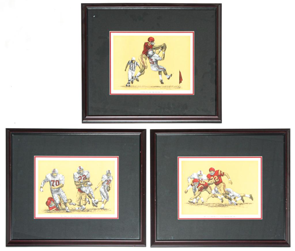 THREE GARY THOMAS OSU BUCKEYES PRINTS.: Second half 20th century. All three scenes from 1969 Rose Bowl: "Disputed Pass," "#10 Kern QB," and "#32 OJ Simpson USC" Framed 21.75"h. 25.75"w.
