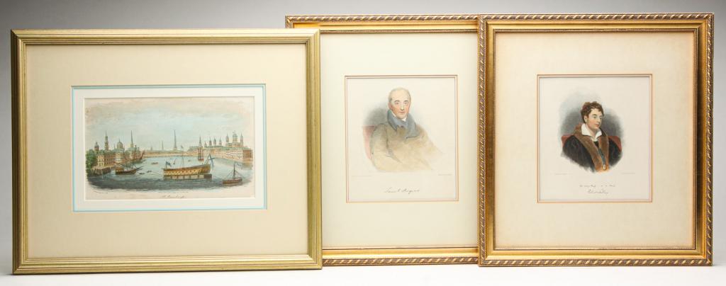THREE ENGLISH PRINTS.: First half 19th century. St. Petersburg, published 1805 by J. Gold. 12.75"h. 16"w. Samuel Rogers and Robert Southey, 13.25"h. 12.25"w.