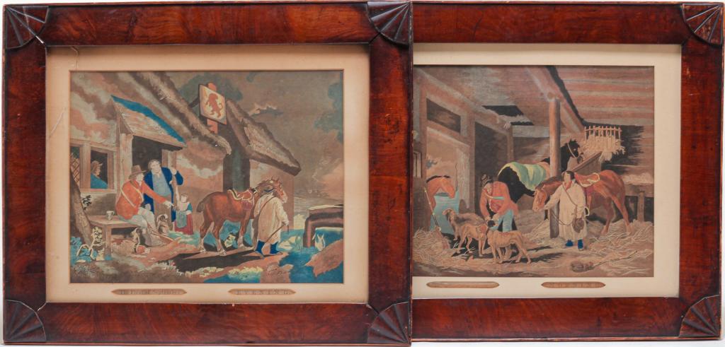 TWO ENGLISH HAND-COLORED PRINTS.: Mid 19th century. Subjects after George Morland "The First of September, Morning" and "The First of September, Evening." Frames have some wear and one glass is cracked. 20.5"h. 24.25"w.