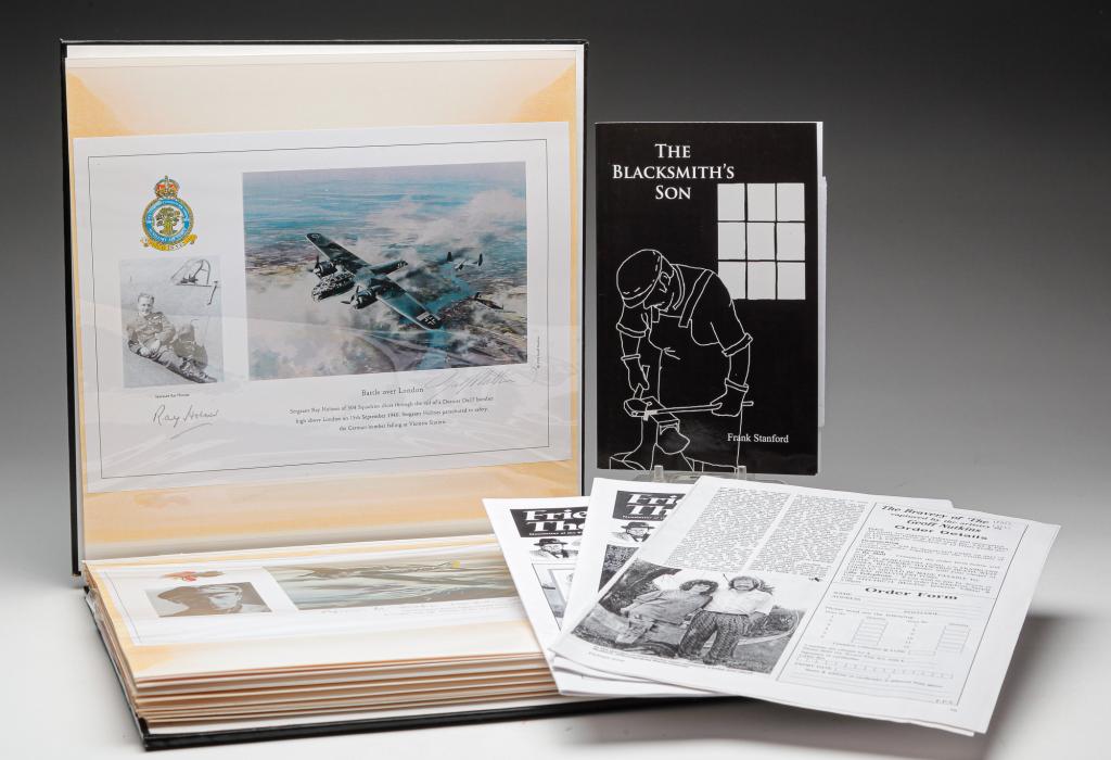 GROUP OF PRINTS BY GEOFF NUTKINS.: Ca. 1900. World War II English and German fighter planes with sideboards of signed photos of fighter pilots. 8.25"h. 11.25"w.