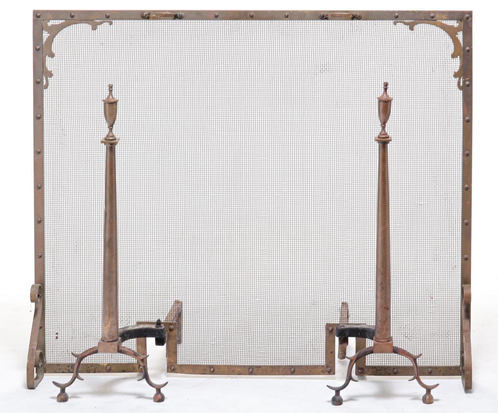 FIRE SCREEN AND ANDIRONS FROM THE CROSBY MANSION.: Ca. 1900. The Albert Crosby Mansion, Brewster, MA. Brass screen and andirons in the Colonial Revival Style. Screen 32"h. 38"w. And andirons 27"h.