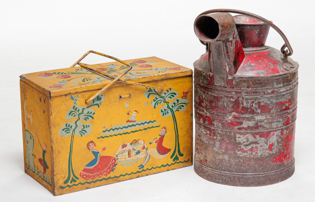 TIN CAN AND DECORATED METAL PICNIC BASKET.: American, 20th century. Early milk (?) can with spout. Layers of old, worn paint including red. 18.25"h. and a sheet metal picnic basket with swing handles and later paint in the manner of Peter Ompir