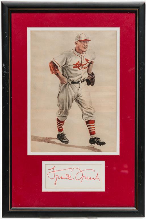 FRAMED PRINT AND AUTOGRAPH OF FRANK FRISCH.: Mid 20th century. He wears a Cardinals uniform and business size card with his signature below. 18"h 12"w