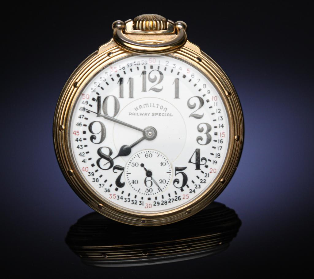 HAMILTON RAILWAY SPECIAL POCKET WATCH.: First quarter 20th century. 16 size, 21 jewels, adjusted to temp and six positions. Serial Number C27073. Gold-filled case. PLEASE NOTE: watches are not guaranteed to be in working condition.