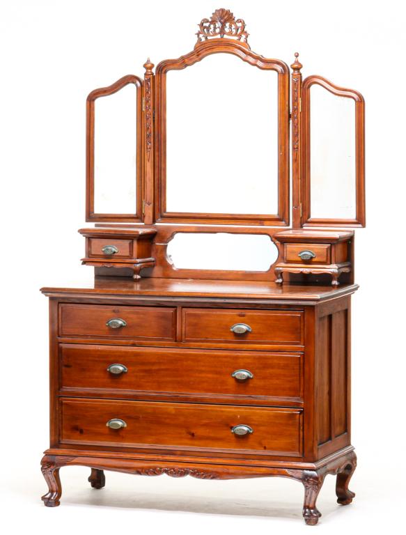 CHINESE CHIPPENDALE STYLE DRESSER.: Early 20th century, mahogany. Two over three drawer chest with stylized paw feet and a removable mirror and glove drawers. Dovetailed drawers. Refinished, splits and one drawer support missing. 72"h. 
