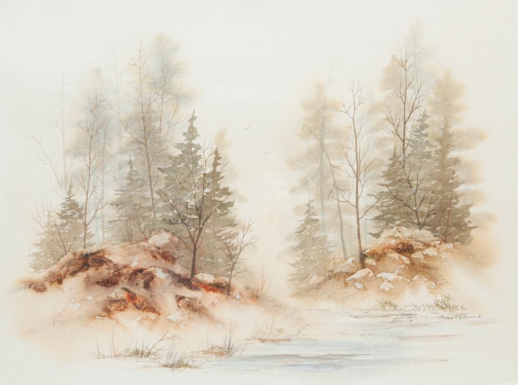WATERCOLOR LANDSCAPE SIGNED MARY T. HOFFMAN.: Twentieth century, American. Water color lake and forest scene. Signed lower right. 34"h. 40.75"w.