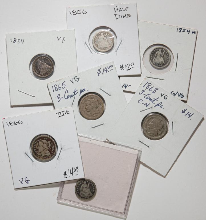 FOUR SEATED HALF DIMES AND THREE 3 CENT PIECES (1 of 2)