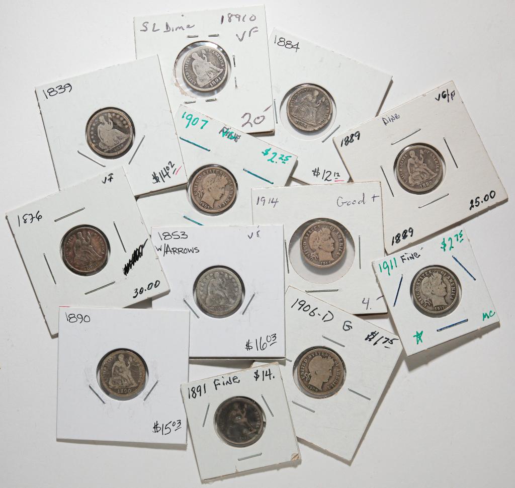 TWELVE EARLY AMERICAN SILVER DIMES (1 of 2)