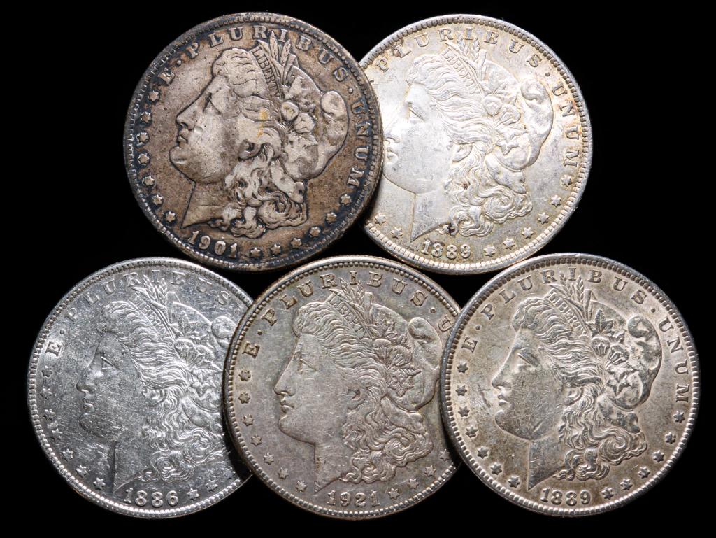 GROUP OF FIVE MORGAN SILVER DOLLARS (1 of 3)