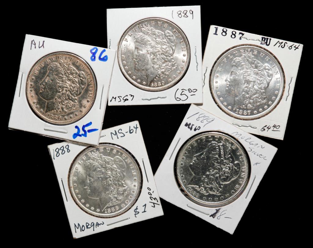 FIVE HIGH GRADE MORGAN SILVER DOLLARS FROM 1880'S (1 of 2)