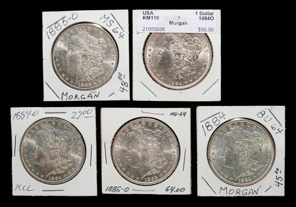 FIVE HIGH GRADE 1884 & 1885 MORGAN SILVER DOLLARS (1 of 2)