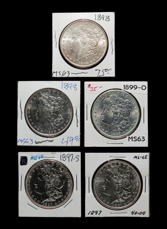 FIVE HIGH GRADE MORGAN SILVER DOLLARS FROM 1890'S (1 of 2)