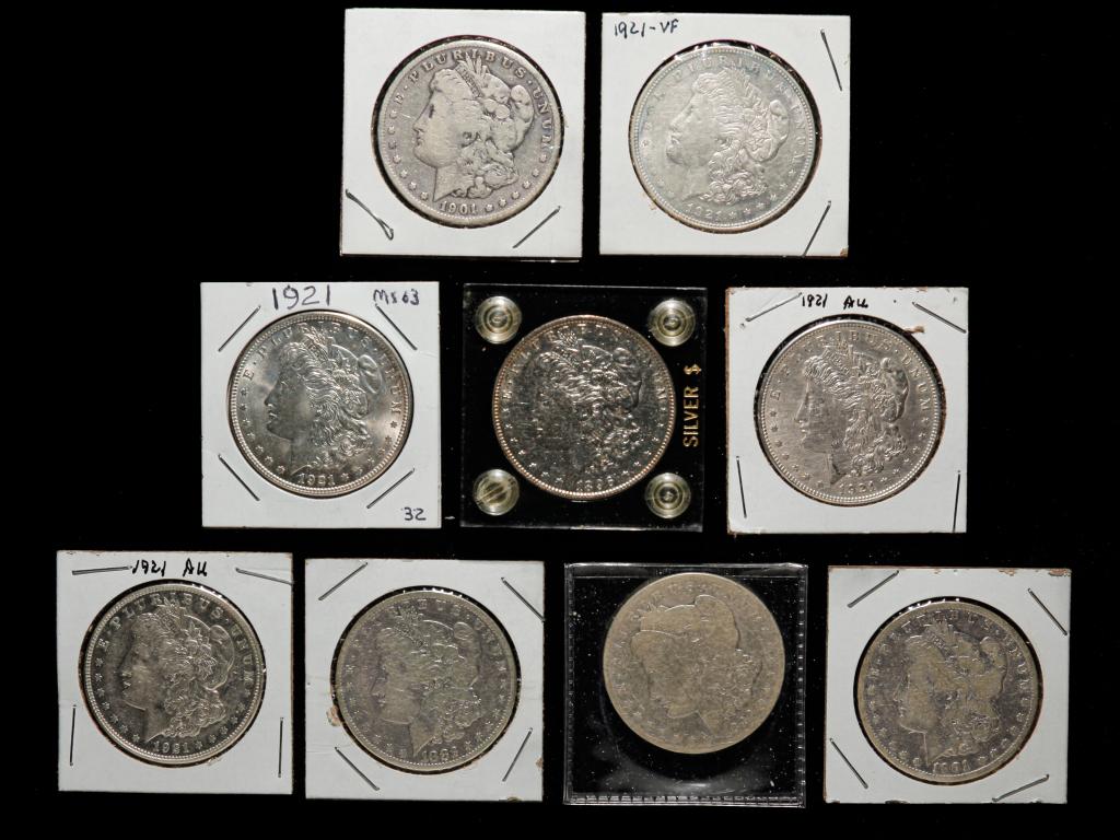 GROUP OF NINE MORGAN SILVER DOLLARS (1 of 2)