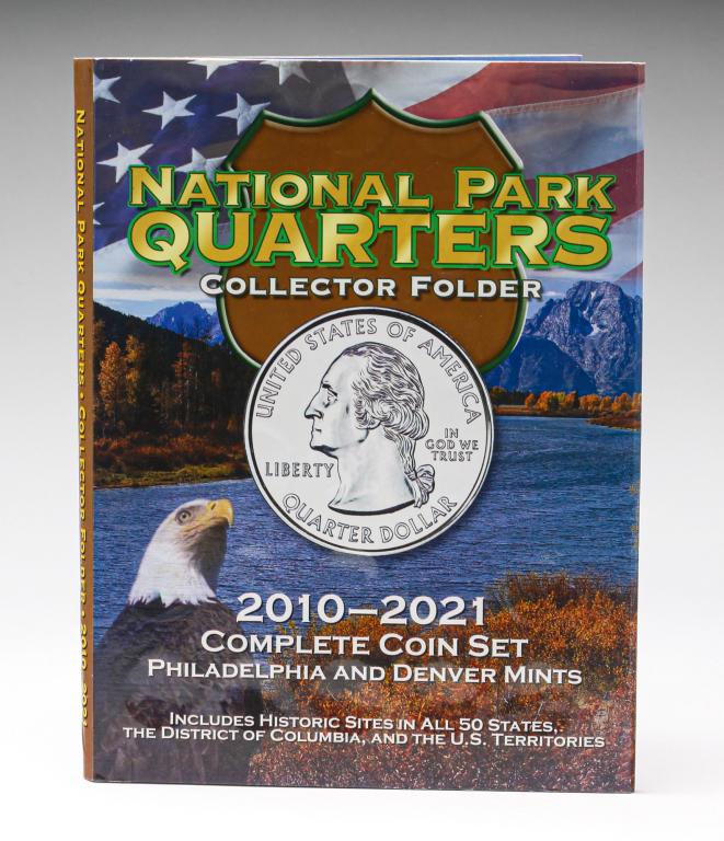 NATIONAL PARK QUARTERS 2010-2021 COIN SET: National Park quarter collector folder containing 104 quarters. Dates range from 2010 to 2020.