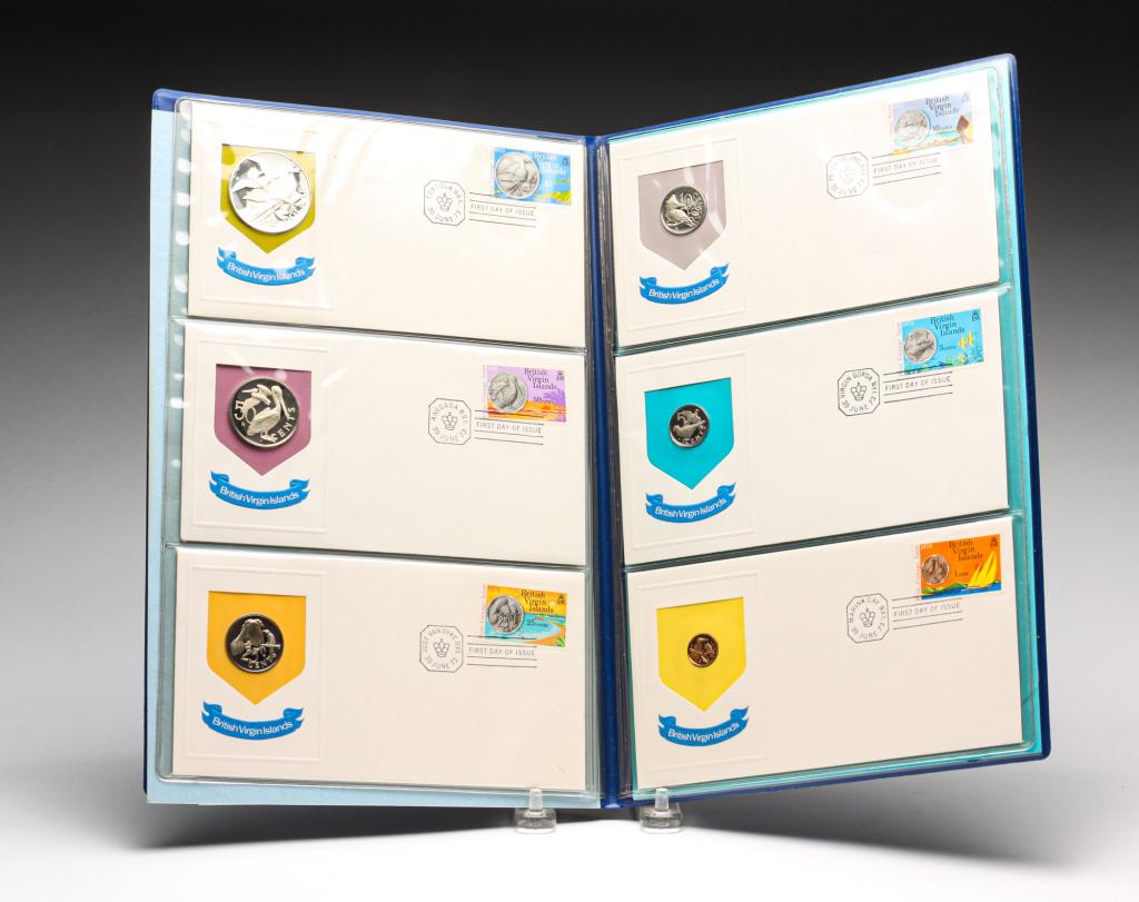 FIRST DAY OFFICIAL BRITISH VIRGIN ISLANDS COIN SET: Franklin Mint British Virgin Islands coin and stamp set. These are the first official coinage of the British Virgin Islands. Each coin has an accompanying stamp and certificate of authenticity. All ar
