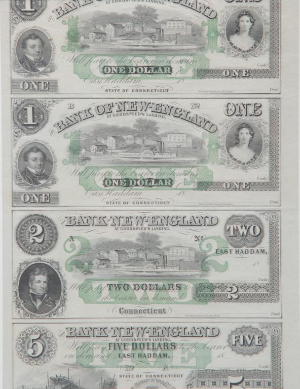 FOUR FRAMED UNCUT BANK OF NEW-ENGLAND NOTES (1 of 3)