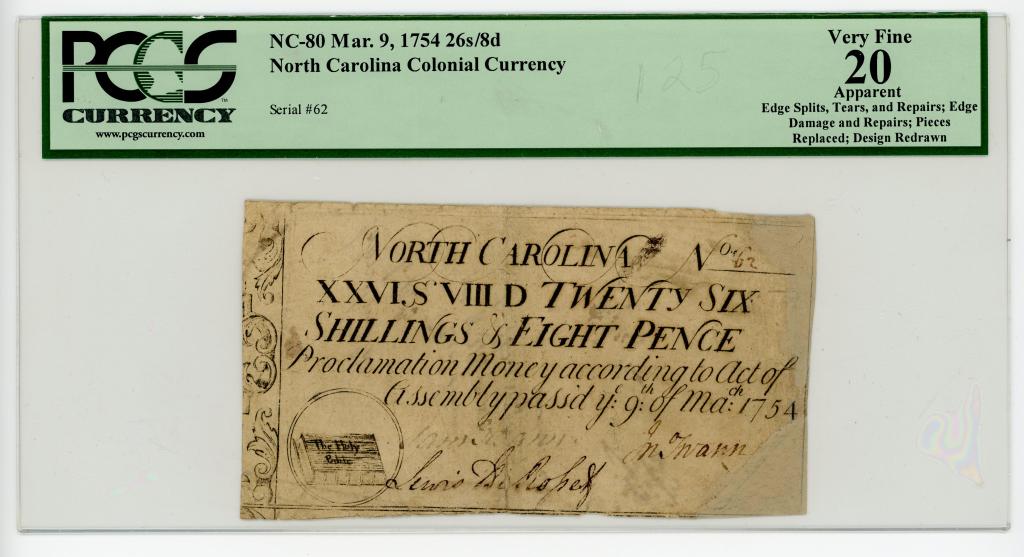 1754 NORTH CAROLINA COLONIAL CURRENCY NOTE (1 of 2)