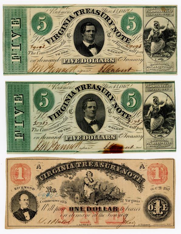 FIVE OBSOLETE VIRGINIA TREASURY CURRENCY NOTES (1 of 4)