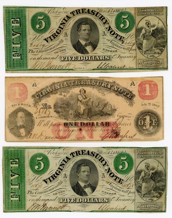 FIVE OBSOLETE VIRGINIA TREASURY CURRENCY NOTES (1 of 4)
